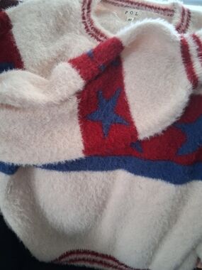 POL Cream Fuzzy Crew Sweater with Red Stripe and Blue Star Accents